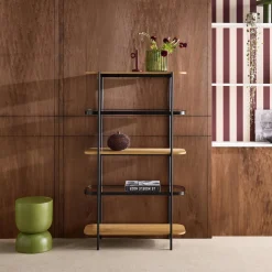 Bookshelf, glass, wood decor and metal, 5 levels