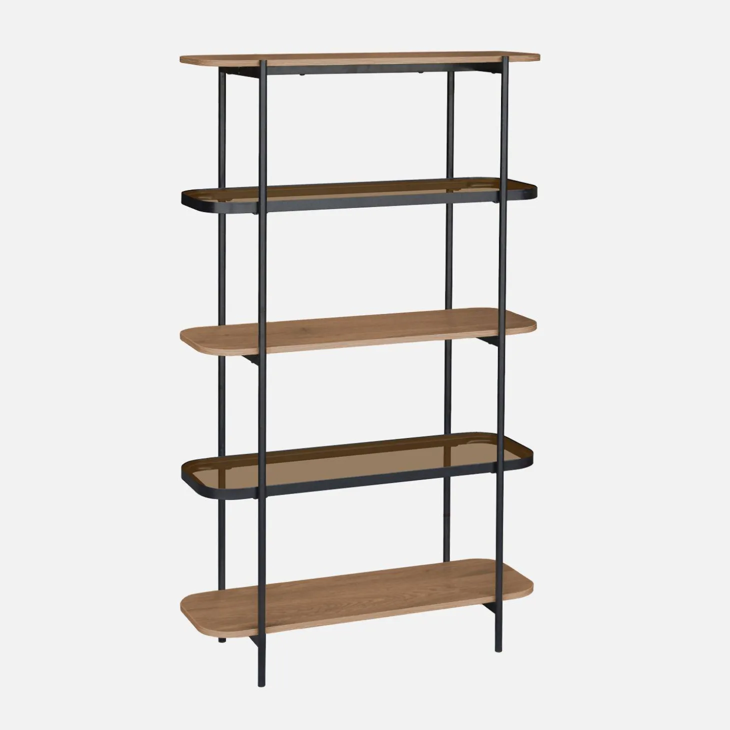 Bookshelf, glass, wood decor and metal, 5 levels