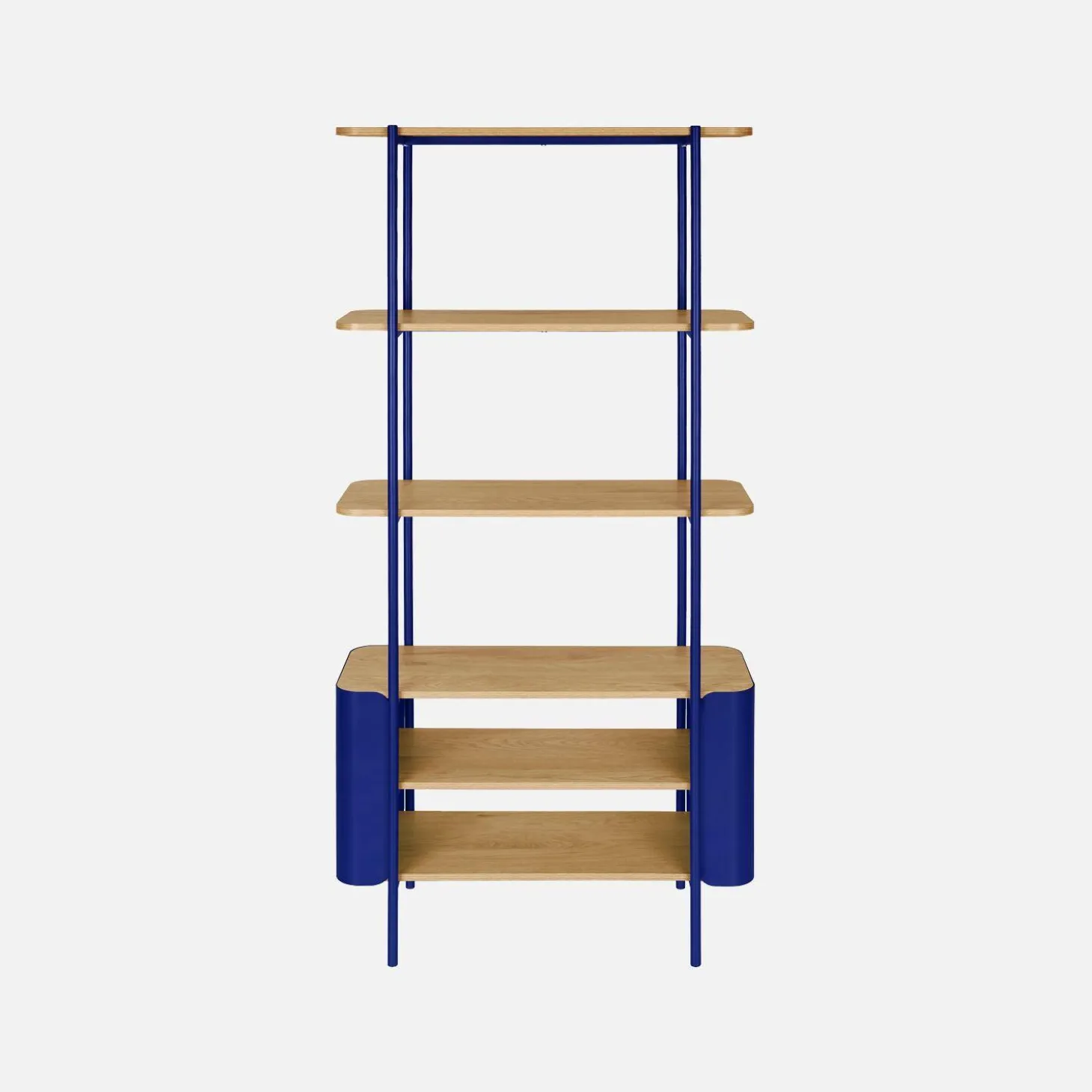 Bookshelf with curved metal and wood decor, 6 levels