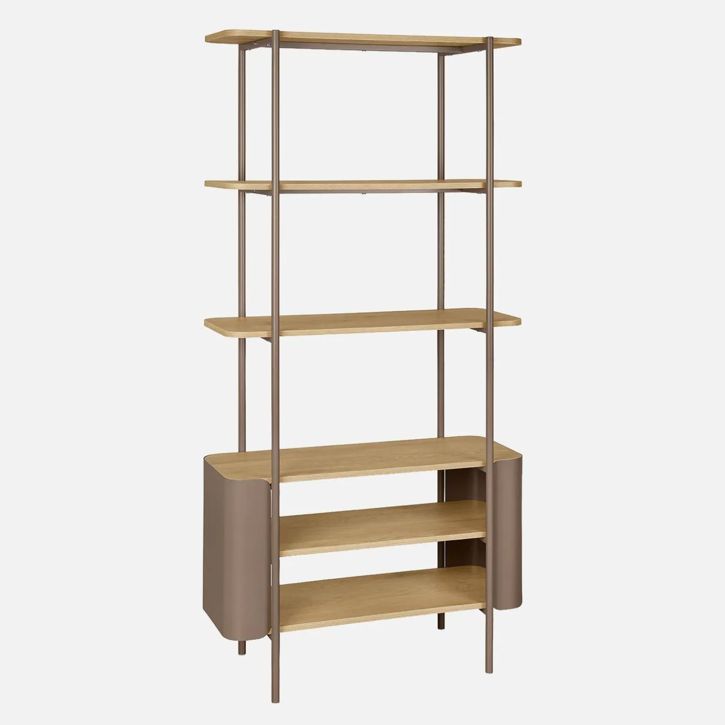 Bookshelf with curved metal and wood decor, 6 levels