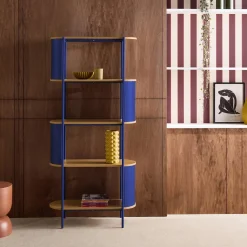 Bookshelf with curved metal and wood decor, 5 levels