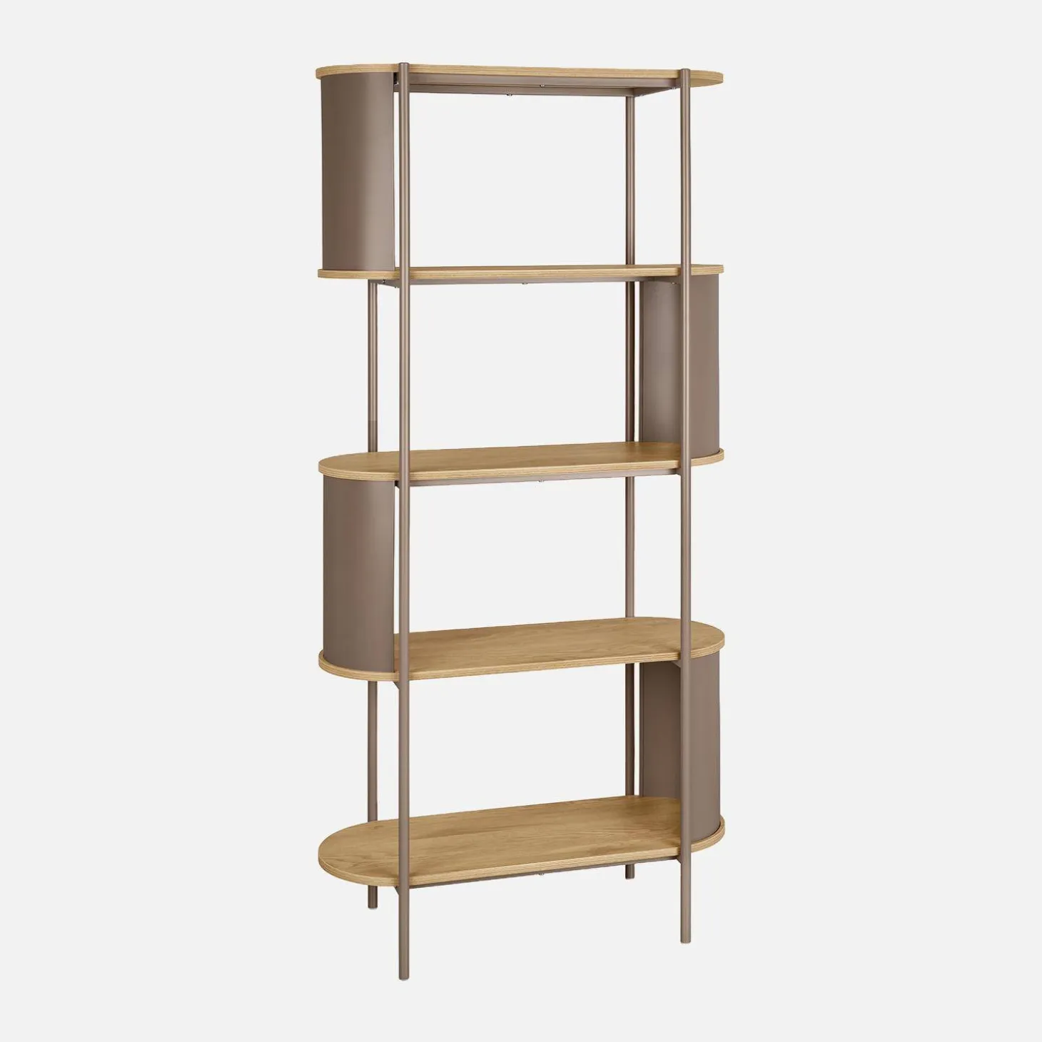 Bookshelf with curved metal and wood decor, 5 levels