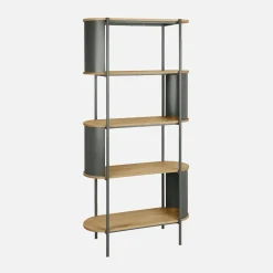 Bookshelf with curved metal and wood decor, 5 levels