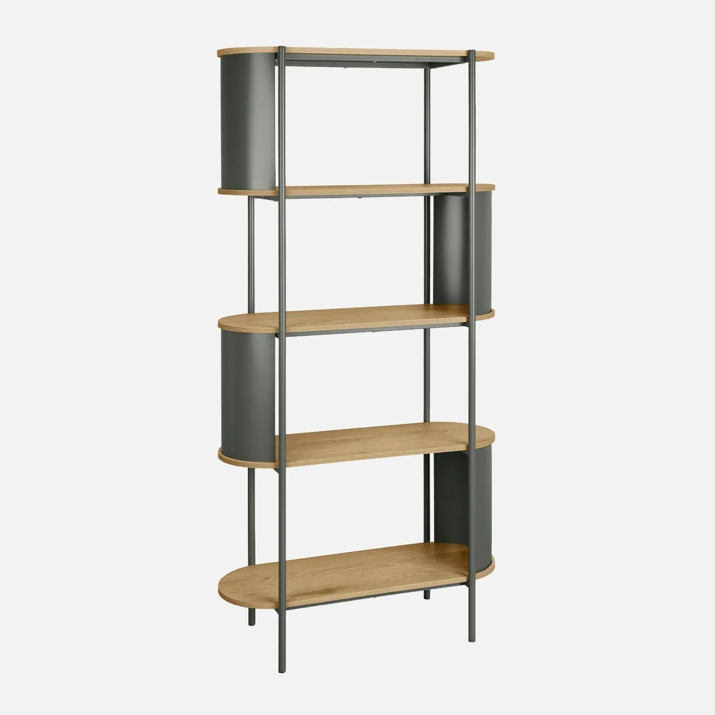 Bookshelf with curved metal and wood decor, 5 levels