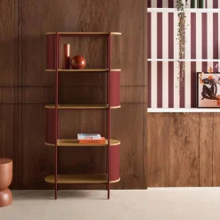 Bookshelf with curved metal and wood decor, 5 levels