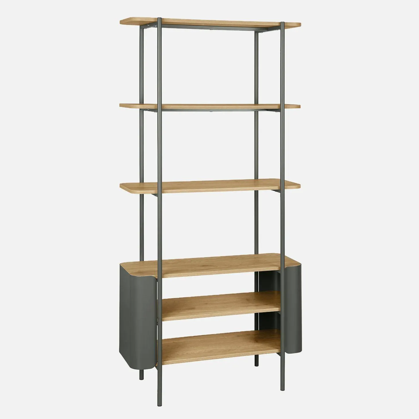 Bookshelf with curved metal and wood decor, 6 levels