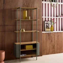 Bookshelf with curved metal and wood decor, 6 levels