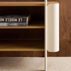 Bookshelf with curved metal and wood decor, 6 levels