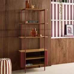 Bookshelf with curved metal and wood decor, 6 levels