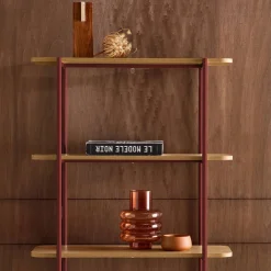 Bookshelf with curved metal and wood decor, 6 levels