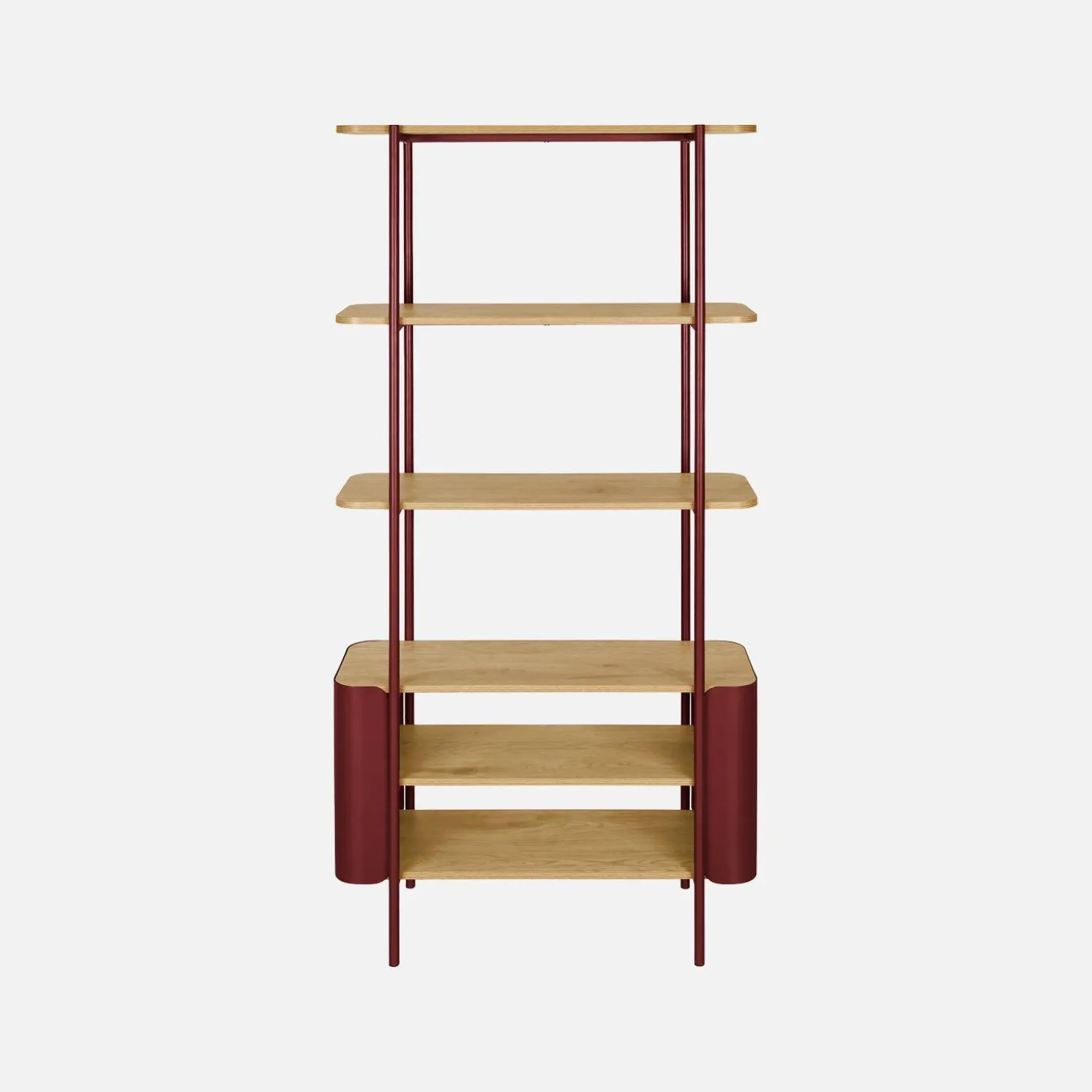 Bookshelf with curved metal and wood decor, 6 levels