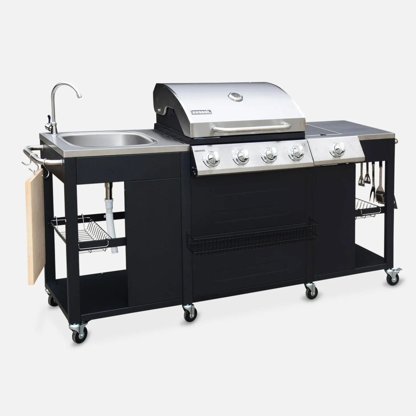 4-burner gas barbecue + 1 side burner, outdoor kitchen with sink