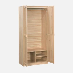 Cane and wood effect 2-door wardrobe with hanging space and storage units
