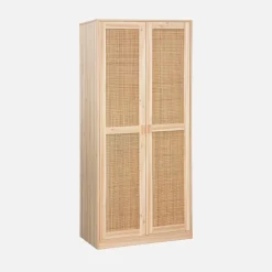 Cane and wood effect 2-door wardrobe with hanging space and storage units