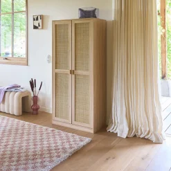 Cane and wood effect 2-door wardrobe with hanging space and storage units
