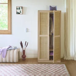 Cane and wood effect 2-door wardrobe with hanging space and storage units