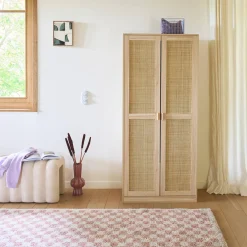 Cane and wood effect 2-door wardrobe with hanging space and storage units
