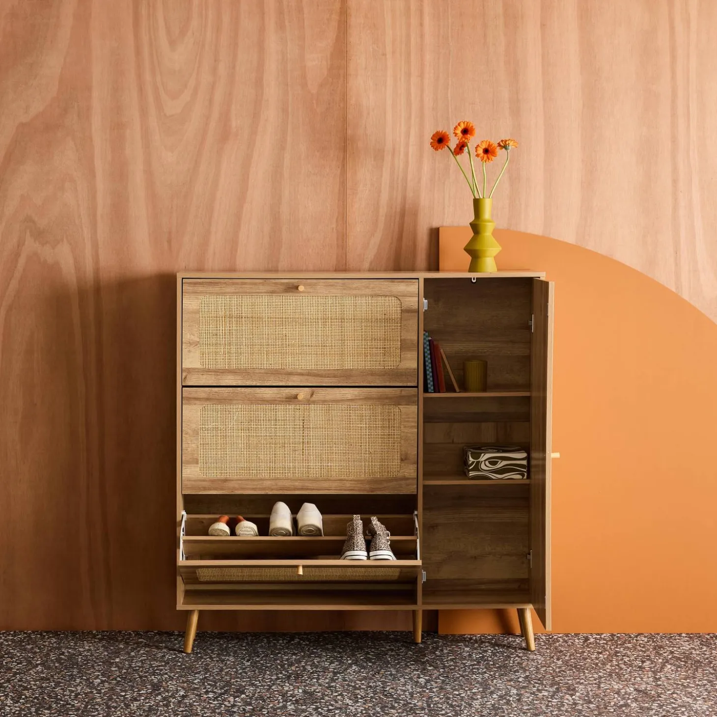 Canework shoe cabinet with 3 drawers