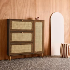 Canework shoe cabinet with 3 drawers