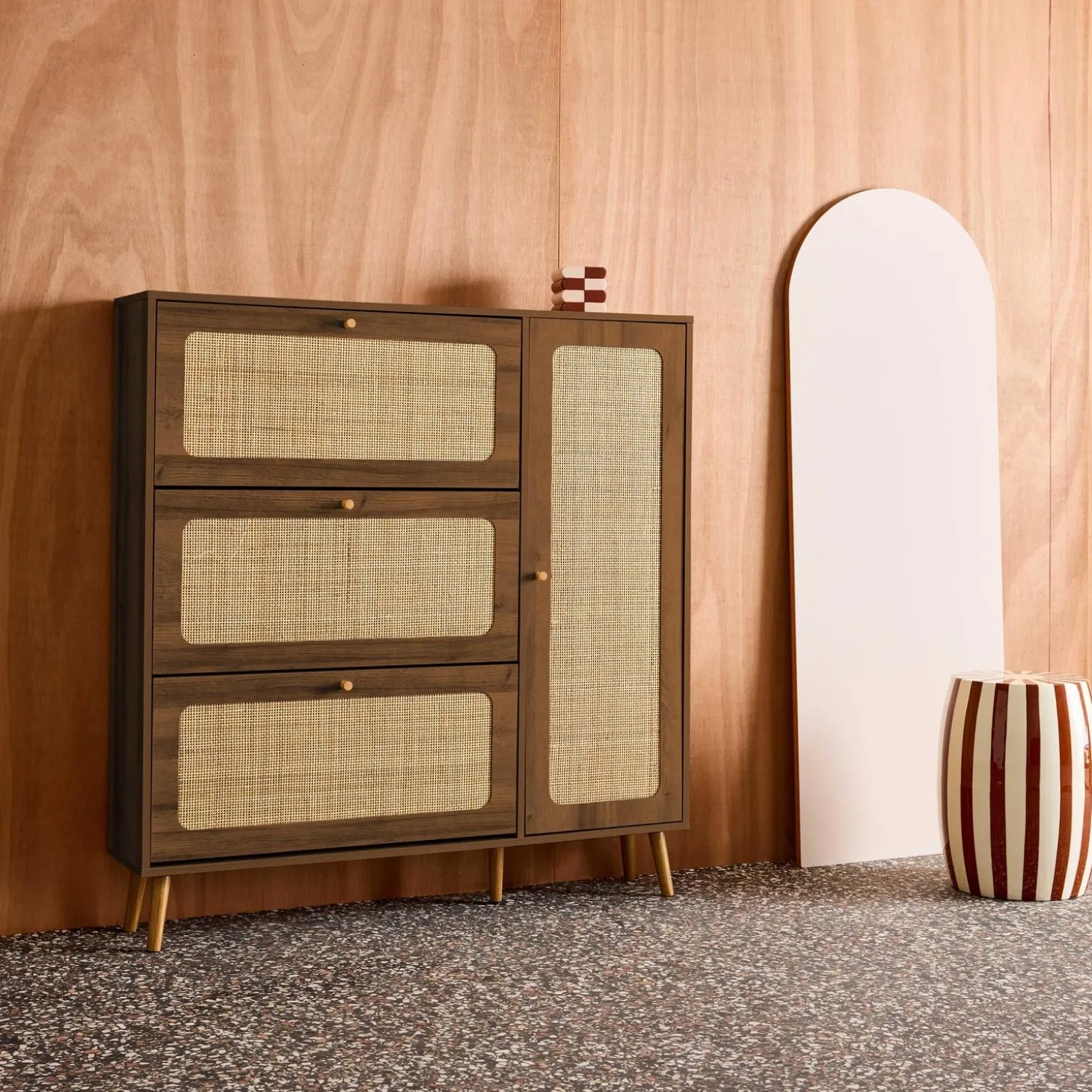 Canework shoe cabinet with 3 drawers