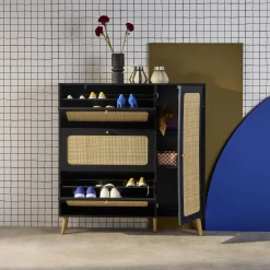 Canework shoe cabinet with 3 drawers