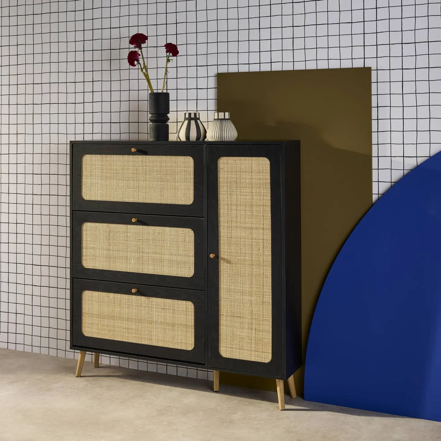 Canework shoe cabinet with 3 drawers