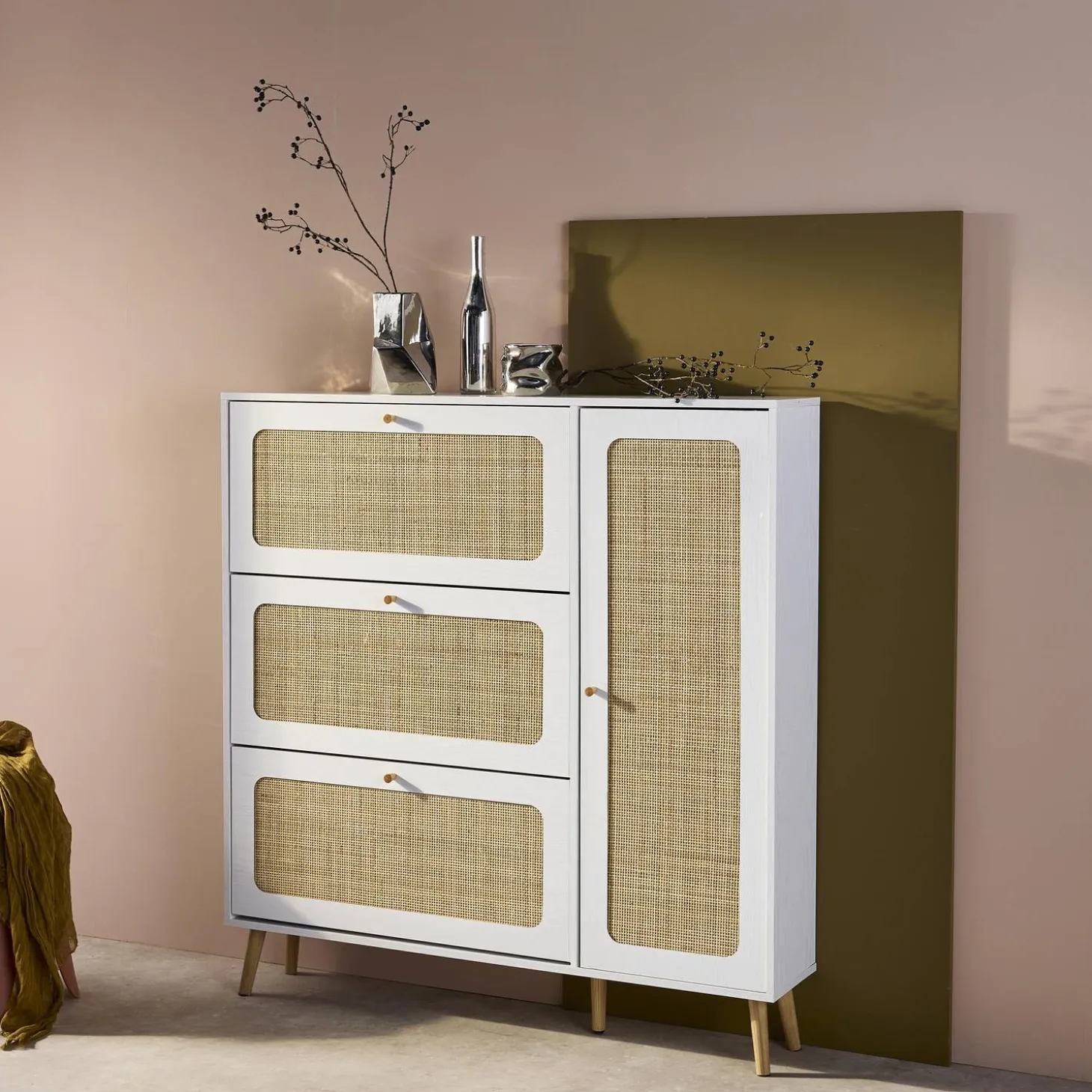 Canework shoe cabinet with 3 drawers