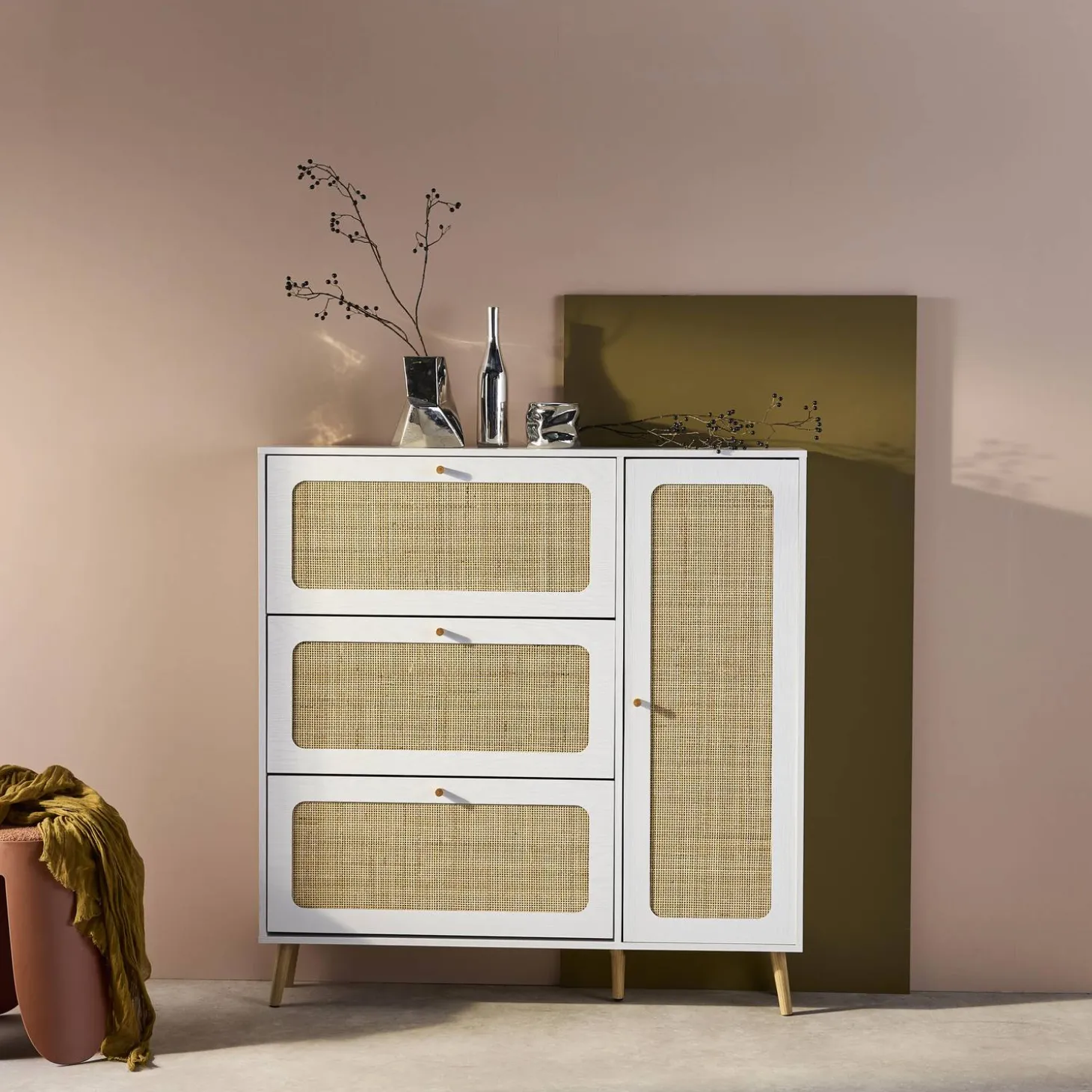 Canework shoe cabinet with 3 drawers