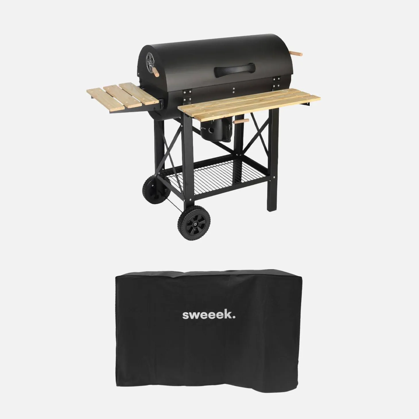 Charcoal barbecue, american grill and smoker, wheels and foldable shelves with cover
