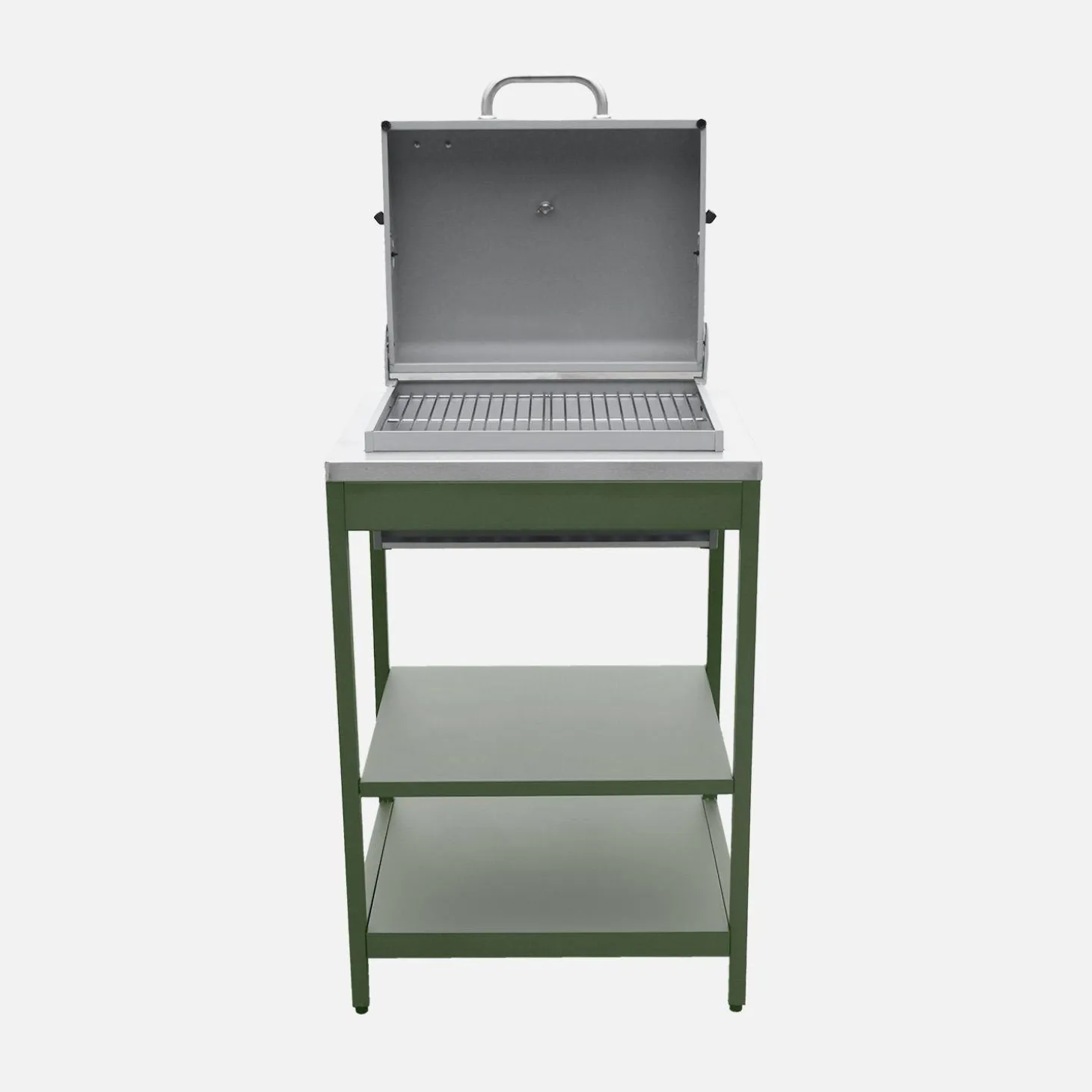 Charcoal barbecue grill stainless steel with shelves