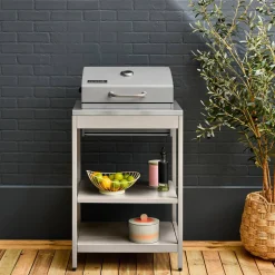 Charcoal barbecue grill stainless steel with shelves