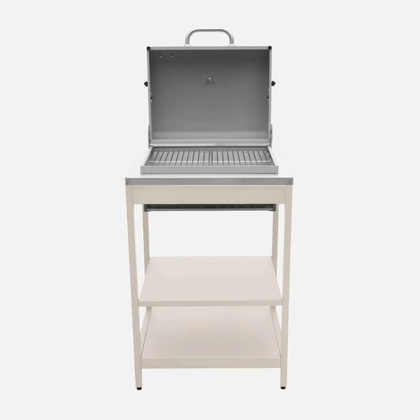 Charcoal barbecue grill stainless steel with shelves