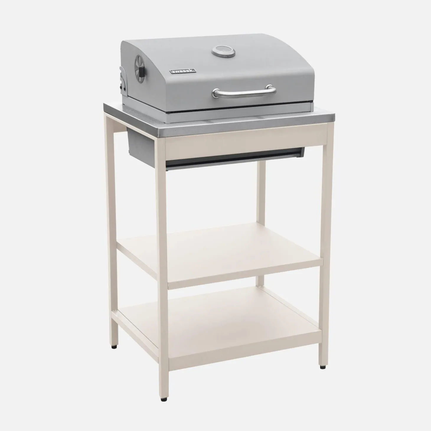 Charcoal barbecue grill stainless steel with shelves