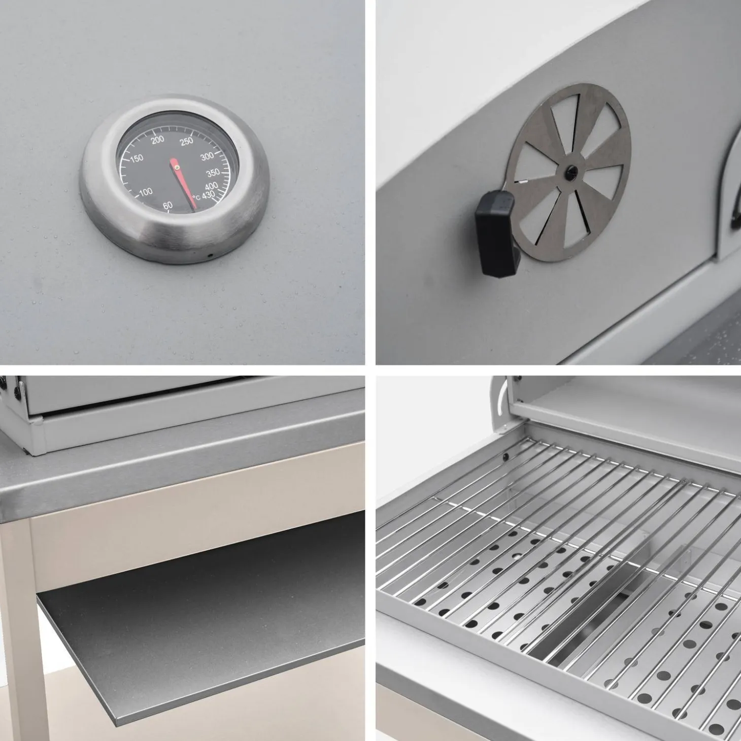 Charcoal barbecue grill stainless steel with shelves