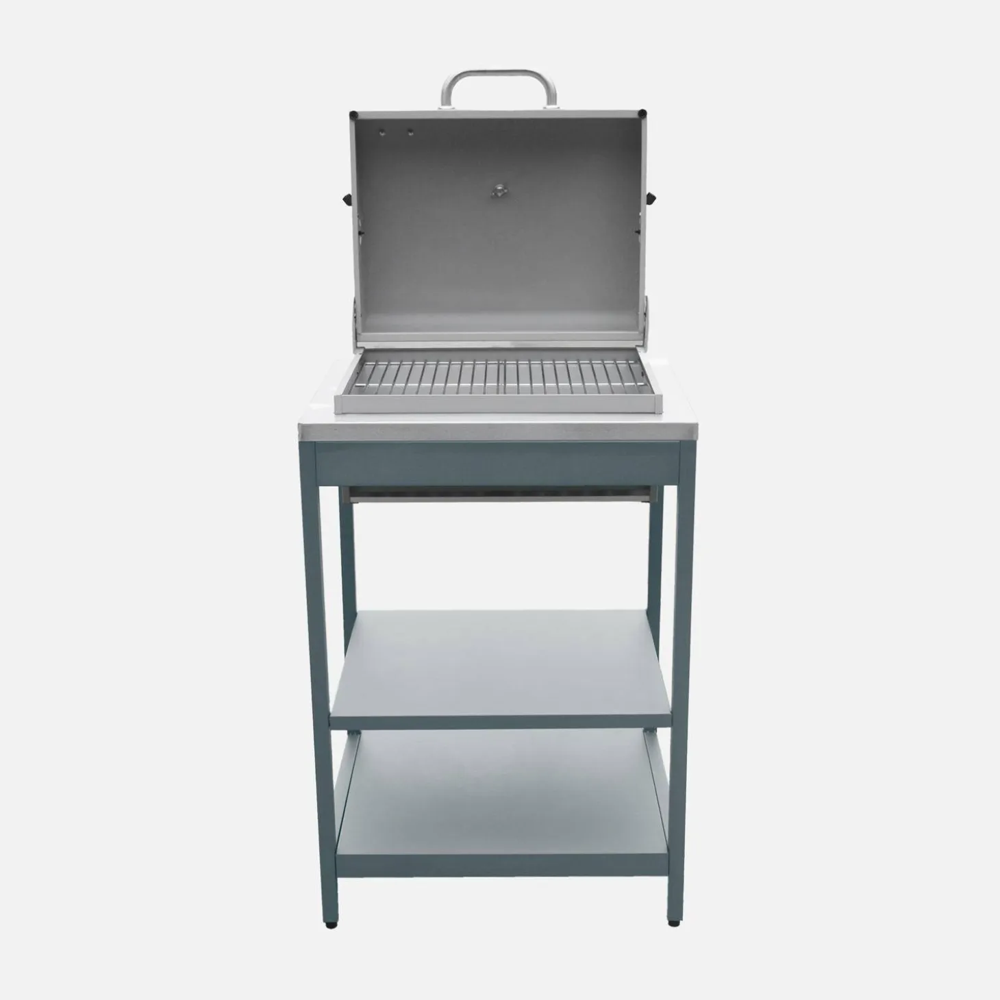 Charcoal barbecue grill stainless steel with shelves