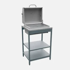 Charcoal barbecue grill stainless steel with shelves