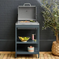 Charcoal barbecue grill stainless steel with shelves