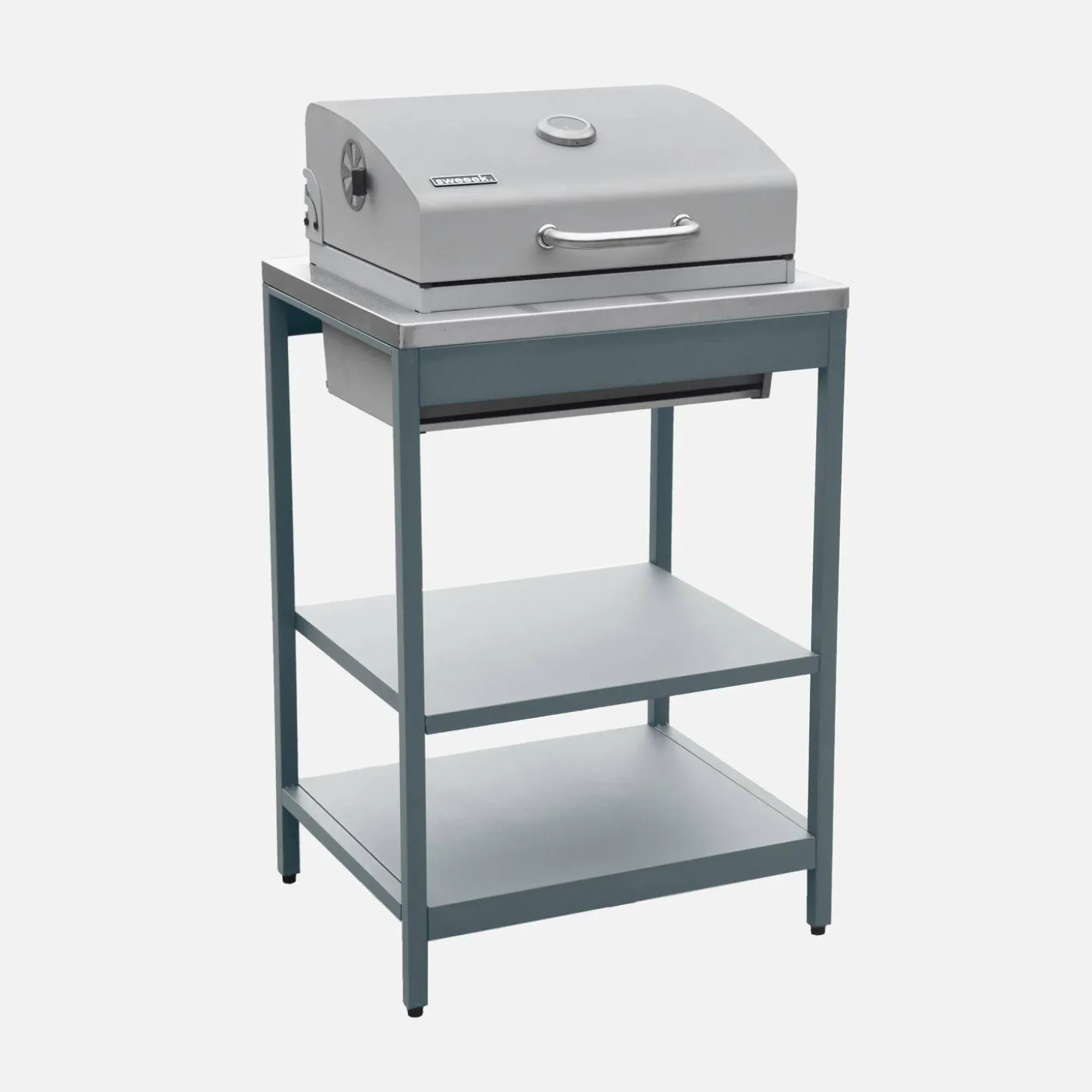 Charcoal barbecue grill stainless steel with shelves