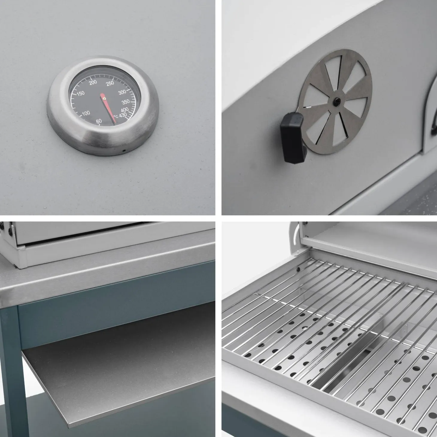 Charcoal barbecue grill stainless steel with shelves