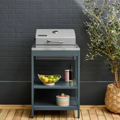 Charcoal barbecue grill stainless steel with shelves