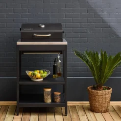 Charcoal barbecue grill stainless steel with shelves