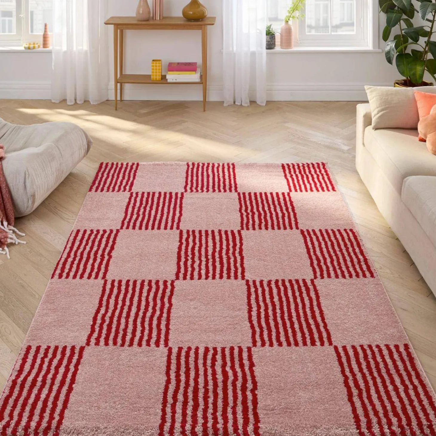 Checkerboard interior rug red and pink