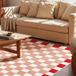Checkered indoor/outdoor rug pink and red