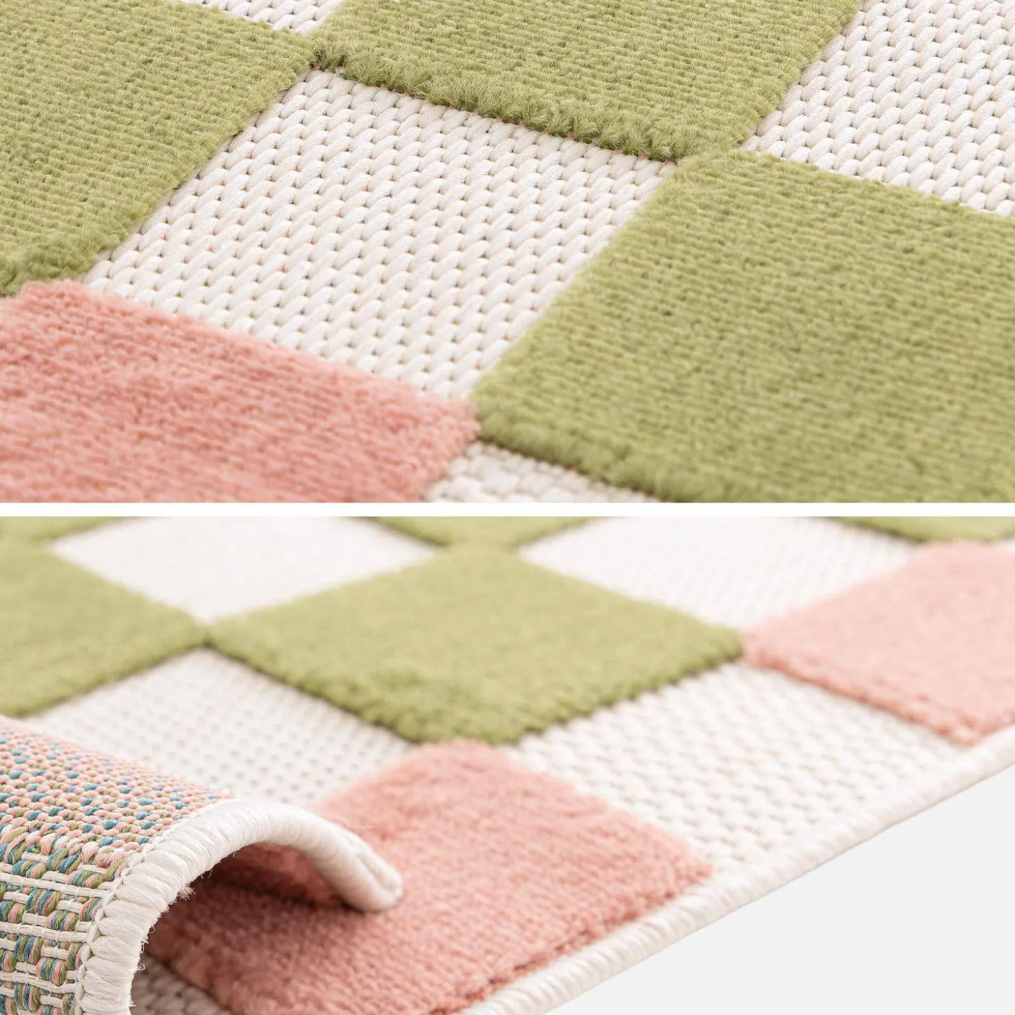 Checkered indoor/outdoor rug pink and green