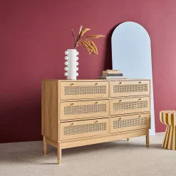 Chest of drawers wood and cane decoration 6 drawers