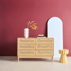 Chest of drawers wood and cane decoration 6 drawers