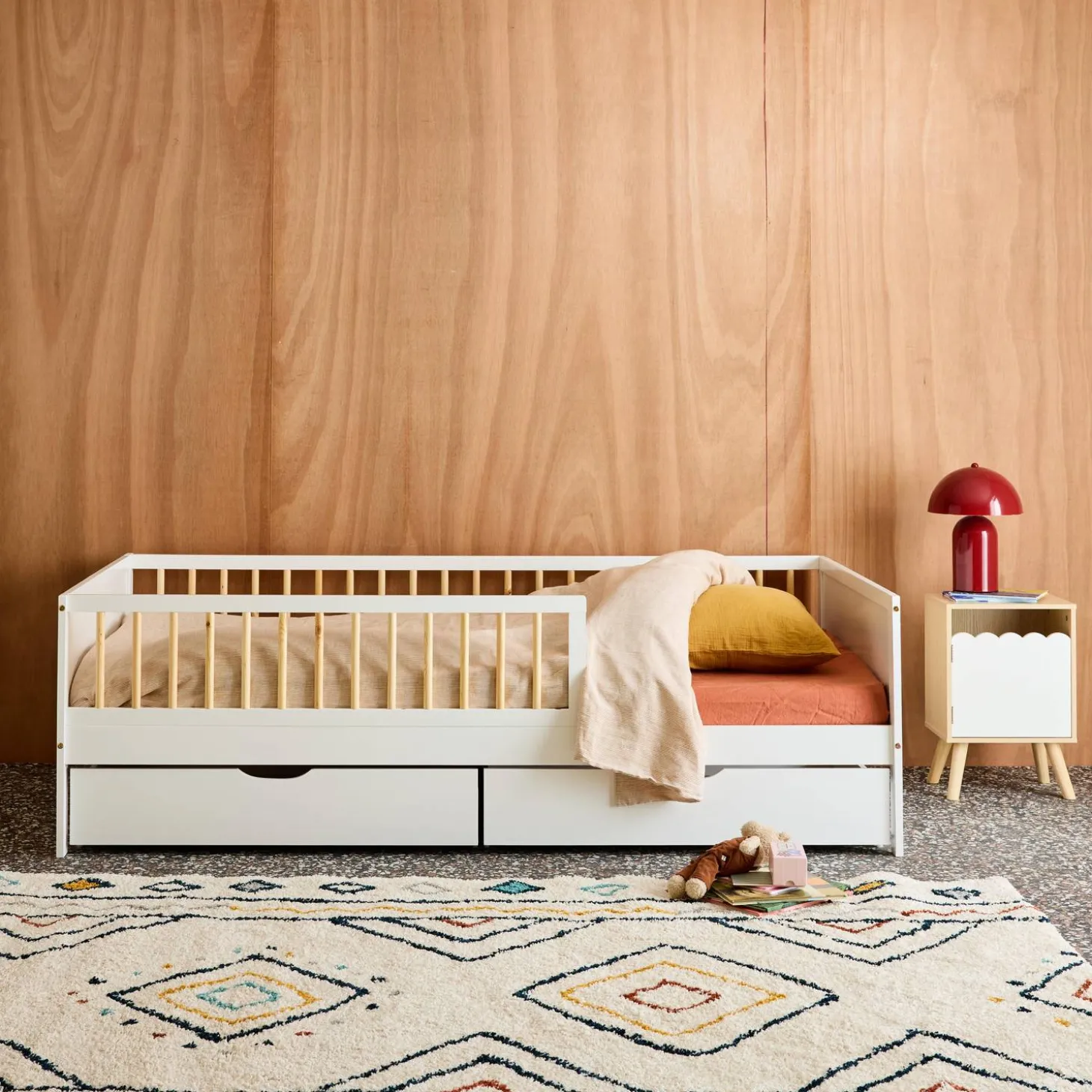 Children's bed 90 x 190 cm natural pine with slatted base and 2 drawers