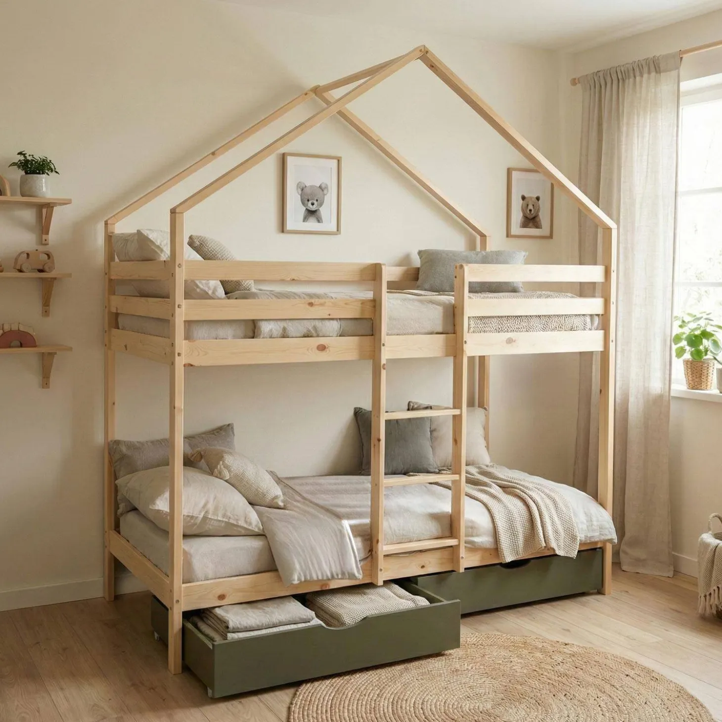 Children's bunk bed cabin 90 x 190 cm natural pine with storage drawers