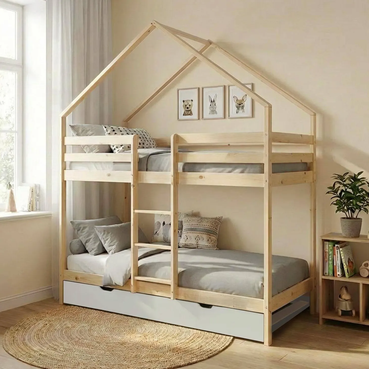 Children's bunk bed 90 x 190 cm natural pine with pull-out bed