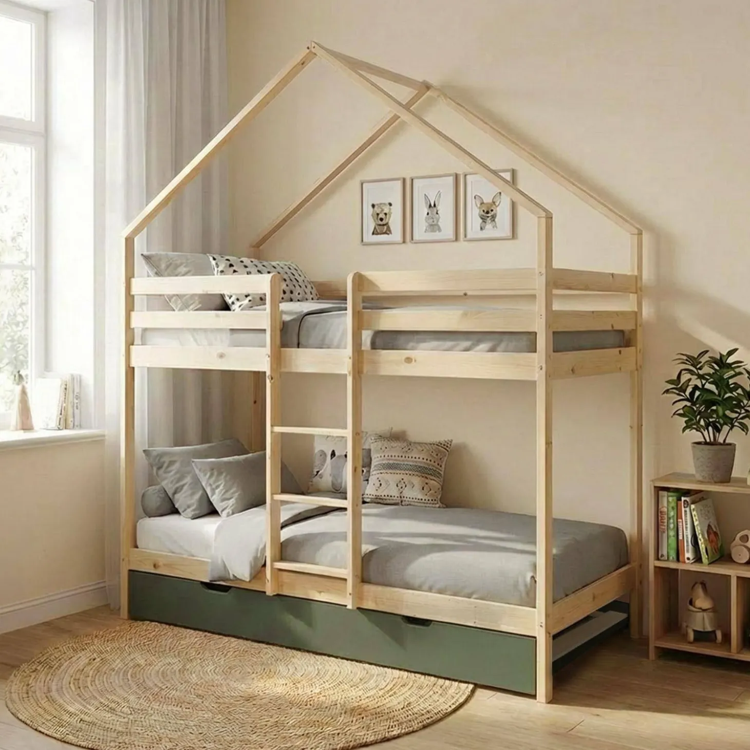 Children's bunk bed 90 x 190 cm natural pine with pull-out bed